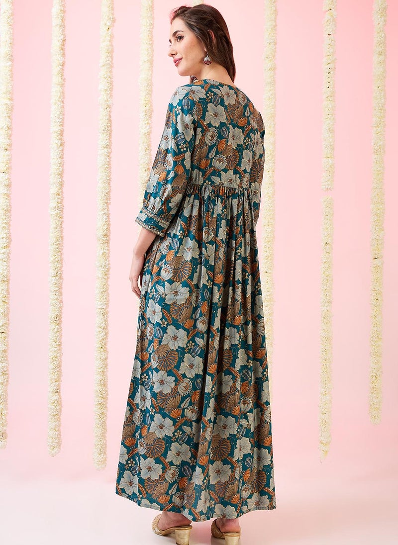 Globus Women Sweetheart Neck Embroidered Foil Floral Print Gathered A-Line Festive Maxi Dress - Image 4